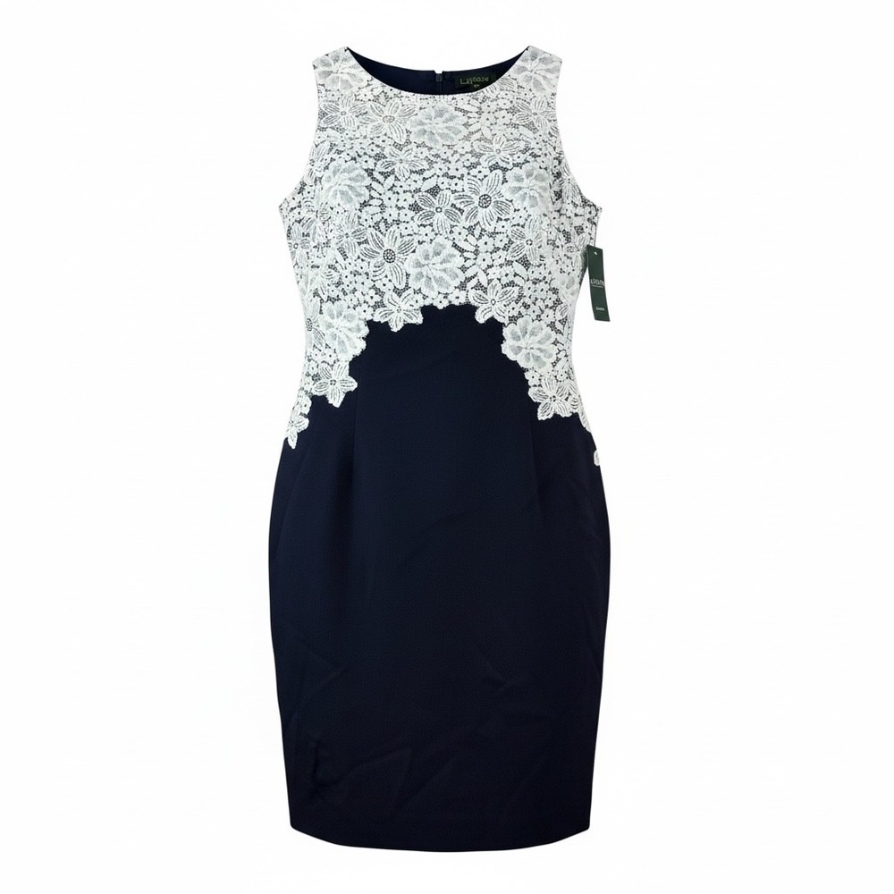 Lauren Ralph Lauren Sheath Dress Womens 12 Navy Blue Lace Overlay Sleeveless New